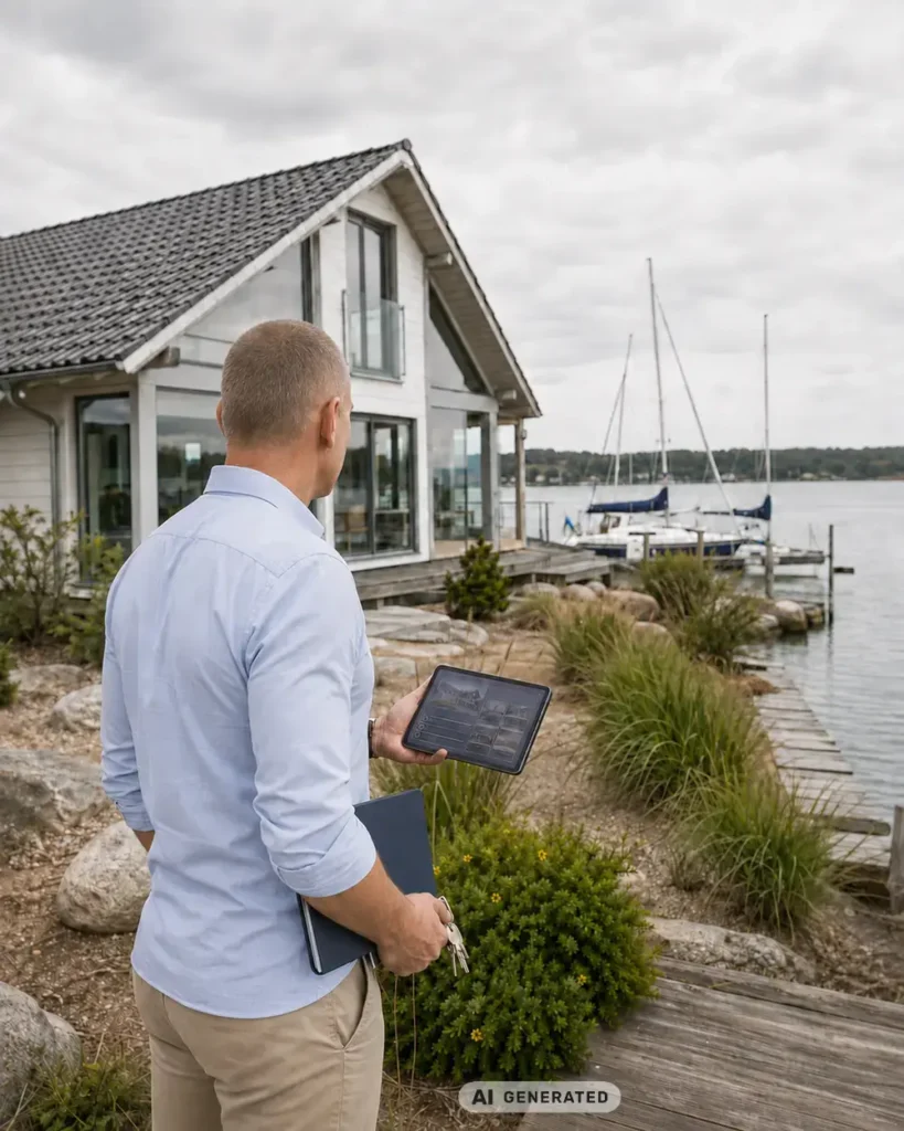 Küstenpartner kontrolliert den Außenbereich eines Hauses – KI-generierte Darstellung