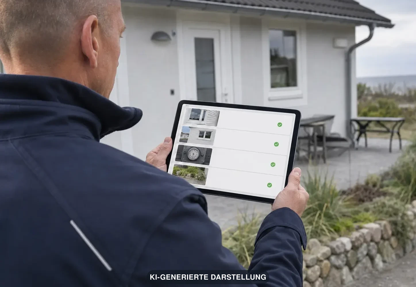 Symbolbild - Digitaler Einsatzbericht einer Immobilienkontrolle auf einem Tablet – Szene komplett KI-generiert