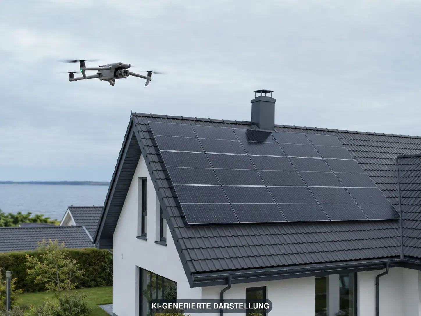 Symbolbild eines Drohneneinsatzes zur Hausdach- und Photovoltaik-Kontrolle – Szene komplett KI-generiert