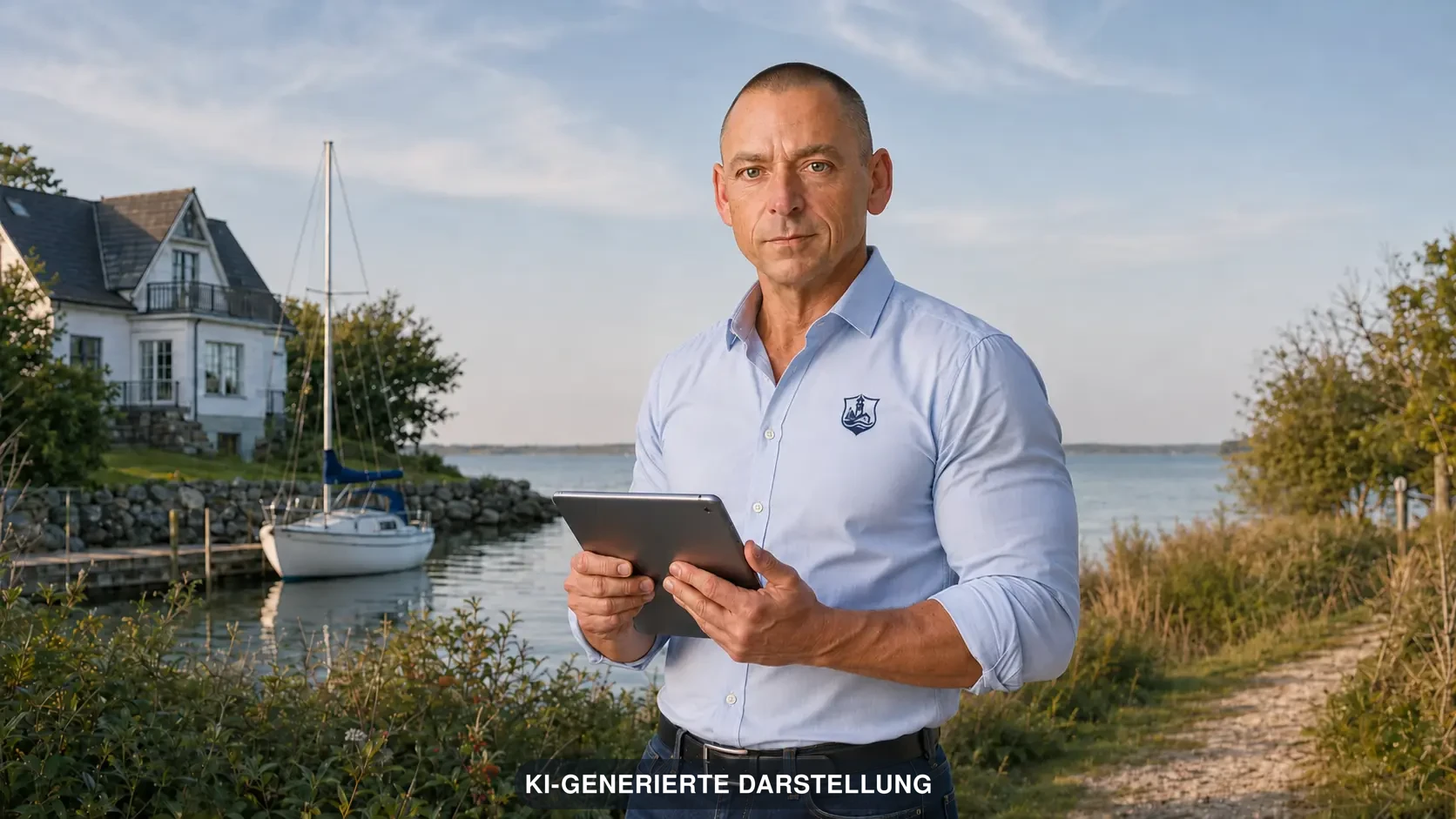 Steffen Albert von Küstenpartner vor einer Immobilie und Yacht in Ostholstein – KI-generierte Darstellung