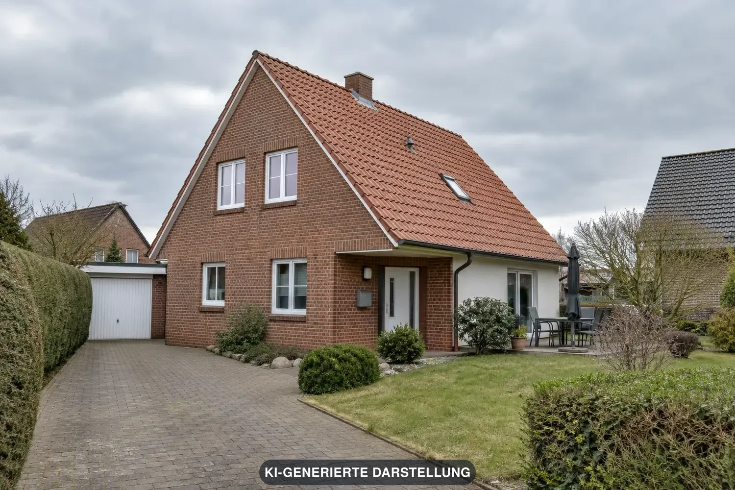 Symbolbild - Gepflegtes Klinkerhaus mit Zufahrt und Garten in Ostholstein – Szene komplett KI-generiert
